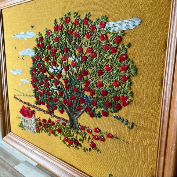 Vintage Midcentury Needlepoint Wall Art Apple Orchard, Blue Birds, Apple Basket - Picture 2 of 15